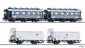 Art.-Nr.: 01786 Set „Vereins-Lazarettzug“ der K.P.E.V., bestehend aus zwei Reisezugwagen, einem Kühlwagen und einem gedeckten Güterwagen, Ep. I